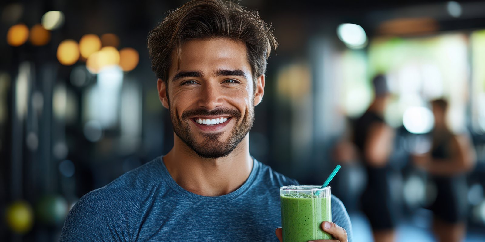 Fitness enthusiast enjoys healthy smoothie while smiling at gym during workout session in bright natural light